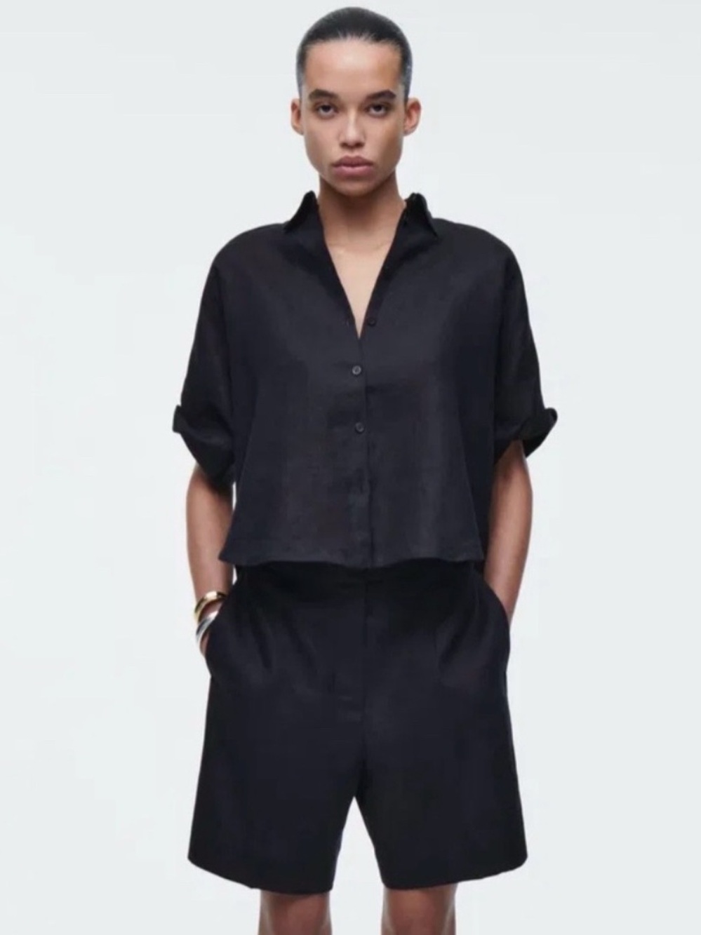 COS Black Short-Sleeve Cropped Button-Down Shirt